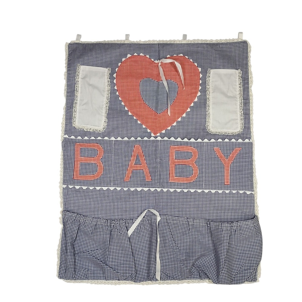 Vintage Handmade Blue & Red Gingham‎ Baby 8 Pocket Wall Organizer Heart 80s
